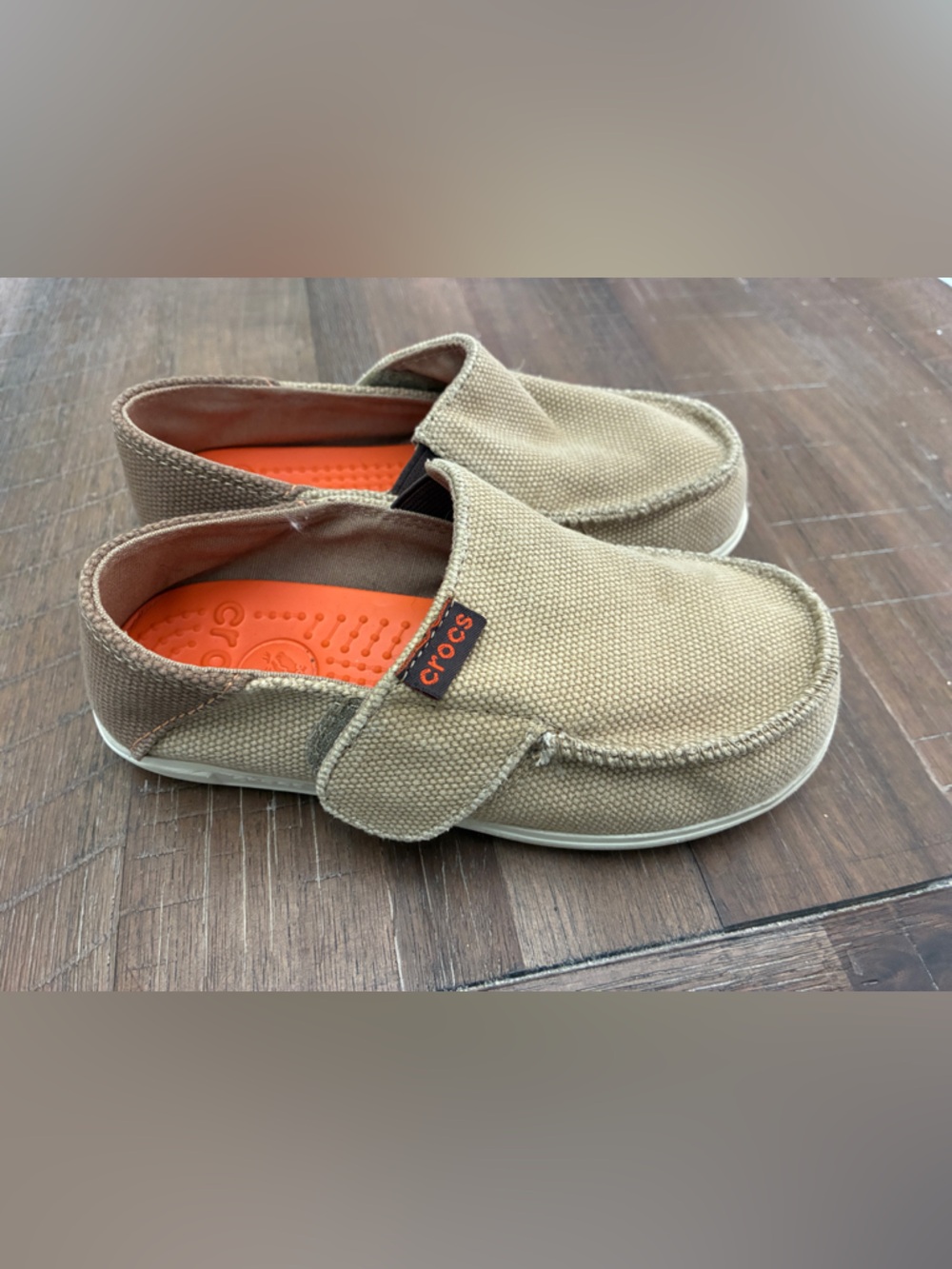 CROCS Kids Canvas Slip-On Sneakers in Tan with Orange Insole